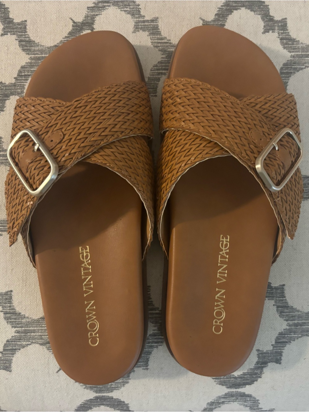 Crown Vintage Tan Woven Buckle Slides